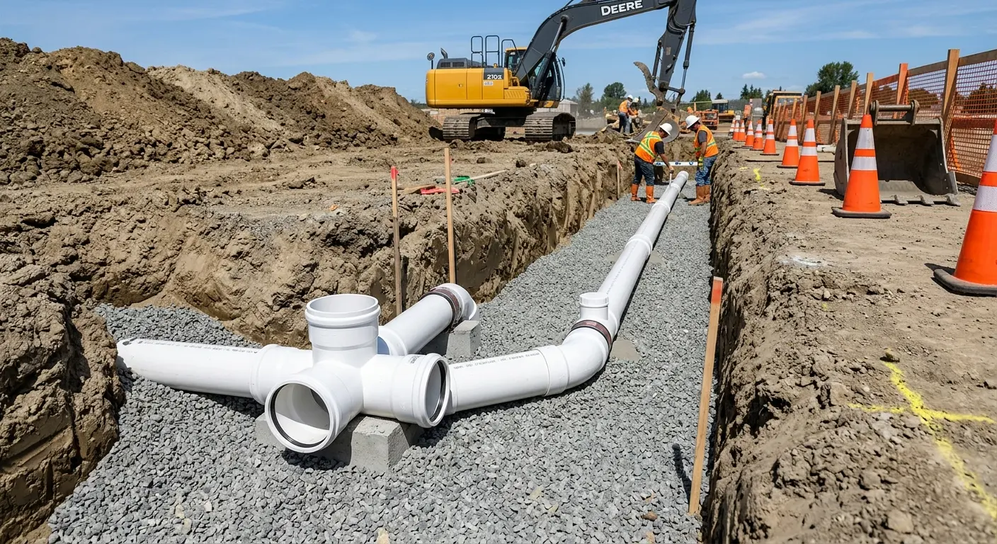 New PVC sewer pipe installation in open trench for Commercial Drain Cleaning in El Cerro Mission