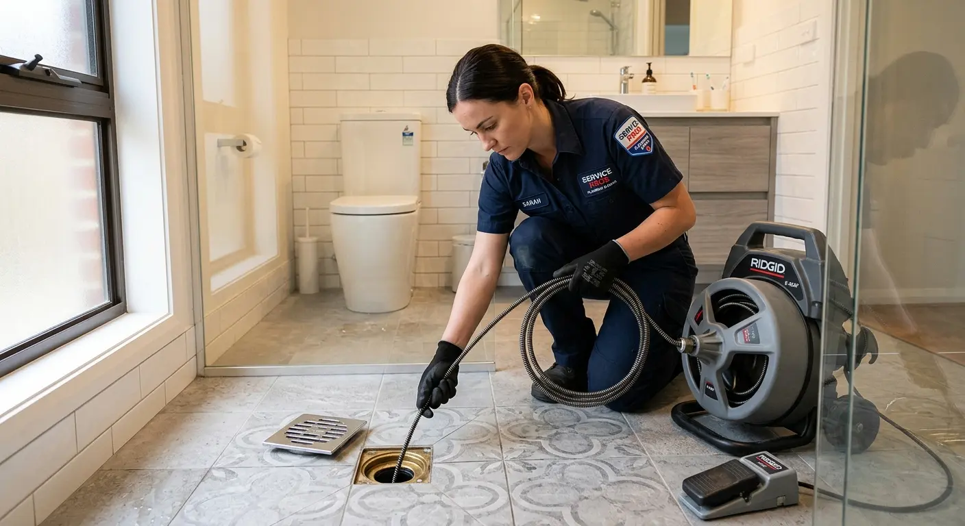 Technician clearing a bathroom floor drain for Drain Repair in El Cerro Mission